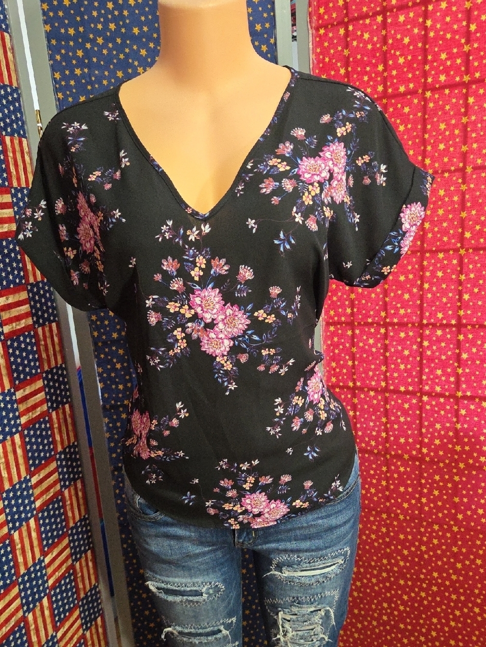 Hippie Rose Black V-Neck Floral Blouse with Pink Flowers